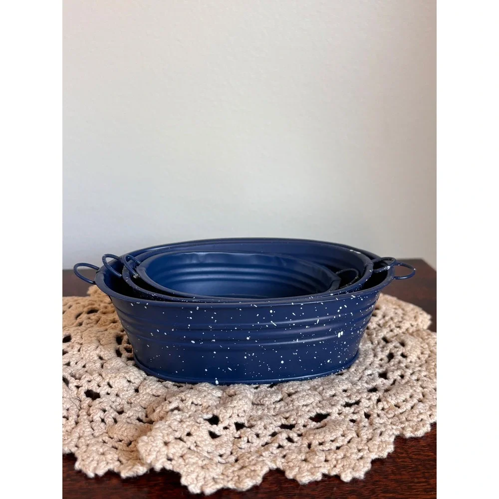 Vintage Miniature blue Enamelware nesting stackable wash laundry bins